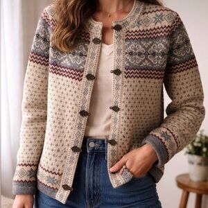 Susan Bristol 100% Wool Beige and Gray Patterned Cardigan